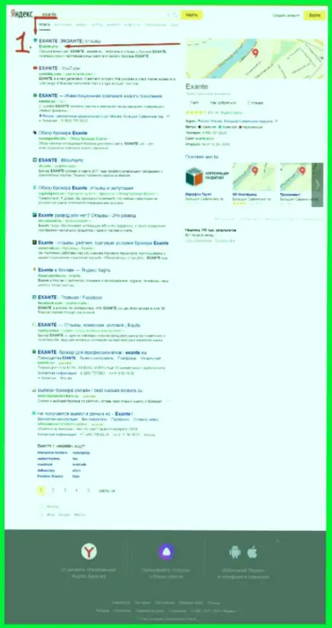 Сайт ЭКЗАНТЕ Про с публикацией о мошенниках Exante Eu на первой строке поиска в Яндексе