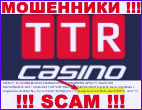 TTRCasino - это обычные МАХИНАТОРЫ !!! Заманивают доверчивых людей в сети присутствием номера лицензии на веб-сервисе