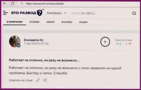 Работа обменного онлайн-пункта БТЦ Бит в оценке клиентов на информационном сервисе EtoRazvod Ru