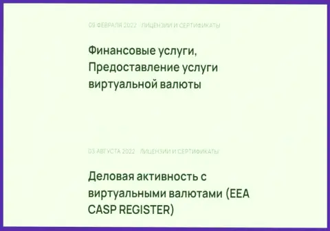 Еще два сертификата на осуществление деятельности, связанной с электронными деньгами, имеющиеся у обменного онлайн пункта БТЦ Бит